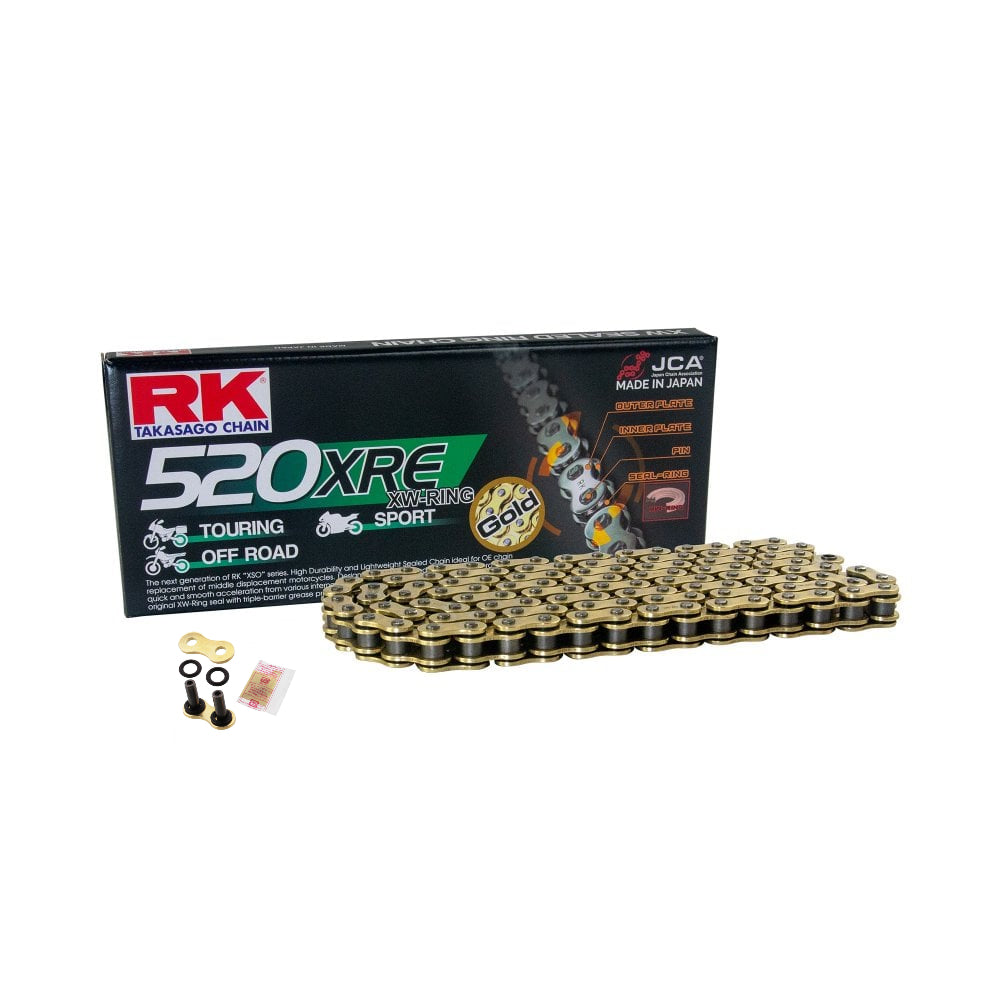 RK 520 Gold HD RX-Ring Motorcycle Bike Chain 520 XRE 104 Links with Rivet Link