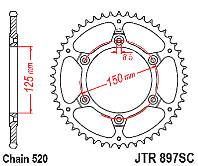 JTR897 Black Self Cleaning Rear Drive Motorcycle Sprocket 52 Teeth (JTR 897.52SC)